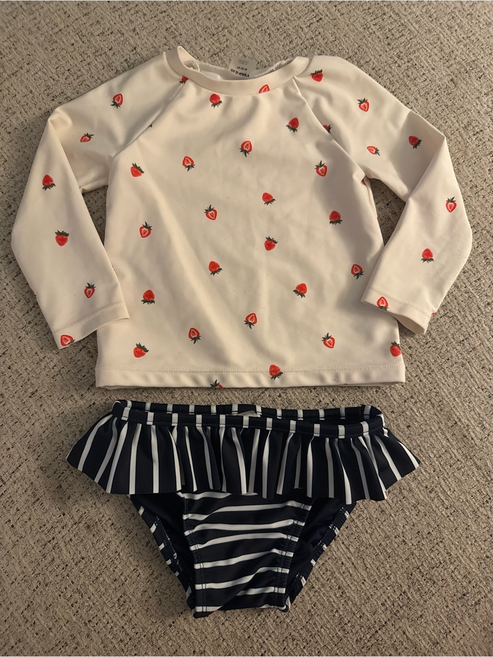 Old Navy Cream Strawberry Rashguard Set with Navy Striped Bottoms